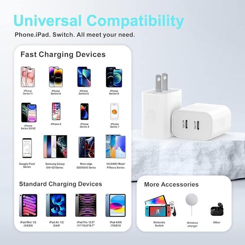 2 حزمة شاحن iPhone 15، [معتمد من MFi] كتلة شاحن USB C سريع بمنفذين، محول طاقة PD مزدوج المنفذ متوافق مع iPhone 15/15 Pro/15 Pro Max/15 Plus/14/13/12/11/Xs ماكس/XR/X، آيباد والمزيد in Kuwait