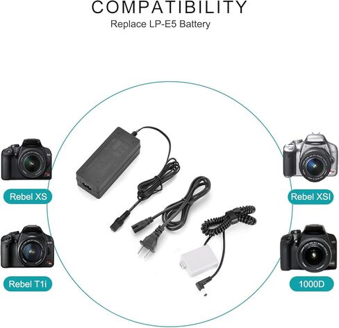 نيو موا محول امداد طاقة بديل LP-E5 للبطارية بتيار متردد ووصلة تيار مستمر لكاميرا كانون اي او اس ريبيل اكس اس وريبل تي 1 اي وريبل اكس اس اي 1000 دي 500 دي 450 دي كيس اكس 3 كيس اكس 2 كيس اف in Kuwait