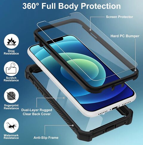 حافظة Aimoll-88 لهاتف iPhone 12، حافظة iPhone 12 Pro، مع واقي شاشة مدمج عالي التحمل للحماية من السقوط، غطاء هاتف واقٍ مقاوم للصدمات والغبار لهاتف Apple iPhone 12/12 Pro (أسود/برتقالي) in Kuwait