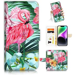 for iPhone 14, Fashion Flower Scene Flamingo Dragonfly Flip Wallet Phone Case Cover AD006 (#24905 Blue Dragonfly)