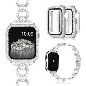 Invoibler متوافق مع سوار ساعة Apple مقاس 40 مم 44 مم مع غطاء واقٍ من حجر الراين، حزام معصم معدني بديل للنساء والفتيات مع قطعتين من الألماس اللامع من البولي كربونات لسلسلة iWatch 6/5/4 in Kuwait