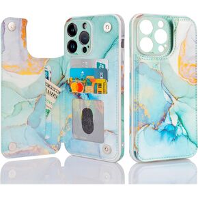 Wallet Case for Apple iPhone 13 Pro 6.1 Inch, PU Leather Credit Card Holder with RFID blocking, Cell Phone Case with Camera Protection, Durable Shockproof Soft TPU Cover Kickstand (Green Marble)