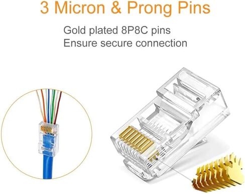 موصل RJ45 Cat6 Cat5 ينتهي بمنفذ إيثرنت 8P8C مطلي بالذهب من خلال القابس (100 قطعة) in Kuwait