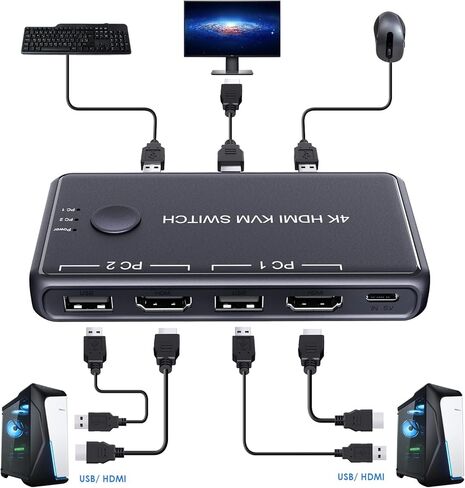 محدد مفتاح KVM، مفتاح Dacimora HDMI وUSB، شارك 1 طابعة ماوس لوحة مفاتيح شاشة عالية الدقة بين قطعتين، يدعم 4k@60hz، مع كابلين USB و2 كابل HDMI وممر منزلق in Kuwait