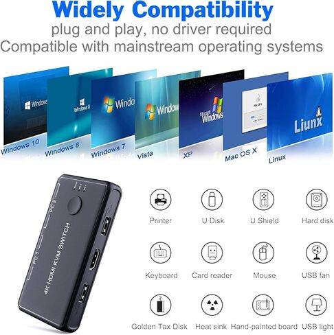 محدد مفتاح KVM، مفتاح Dacimora HDMI وUSB، شارك 1 طابعة ماوس لوحة مفاتيح شاشة عالية الدقة بين قطعتين، يدعم 4k@60hz، مع كابلين USB و2 كابل HDMI وممر منزلق in Kuwait