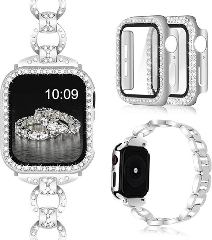 Invoibler متوافق مع سوار ساعة Apple مقاس 40 مم 44 مم مع غطاء واقٍ من حجر الراين، حزام معصم معدني بديل للنساء والفتيات مع قطعتين من الألماس اللامع من البولي كربونات لسلسلة iWatch 6/5/4 in Kuwait