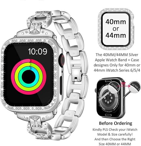 Invoibler متوافق مع سوار ساعة Apple مقاس 40 مم 44 مم مع غطاء واقٍ من حجر الراين، حزام معصم معدني بديل للنساء والفتيات مع قطعتين من الألماس اللامع من البولي كربونات لسلسلة iWatch 6/5/4 in Kuwait