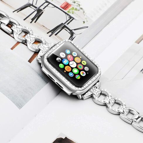 Invoibler متوافق مع سوار ساعة Apple مقاس 40 مم 44 مم مع غطاء واقٍ من حجر الراين، حزام معصم معدني بديل للنساء والفتيات مع قطعتين من الألماس اللامع من البولي كربونات لسلسلة iWatch 6/5/4 in Kuwait