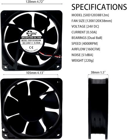 SXDOOL 120mm 24v Fan 0.50A 160CFM,High Speed 120mm x 120mm x 38mm Ball Bearing Cooling Cooler in Kuwait