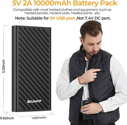 BIUMVP Heated Vest Battery Pack,10000mAh 5V 2A Power Bank Specially Designed for Heated Jacket, Heated Clothes,Heated Coat,Heated Pants. in Saudi Arabia