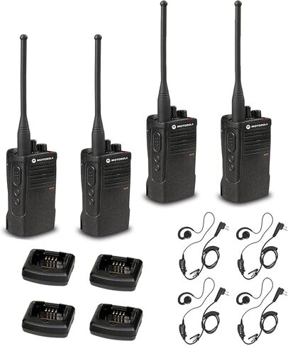 4 x Motorola RDU4100 RDX Business Series Two-Way UHF Radio (Black) (RDU4100) + 4 x Motorola HKLN4604 PTT Earpiece - 4 Pack with Mic Bundle in Saudi Arabia