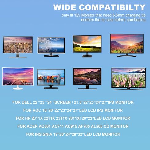 مصدر طاقة 12 فولت لشاشة الصولجان سلسلة E C 32 بوصة 30 بوصة 27 بوصة 24 بوصة 22 بوصة 20 بوصة 19 بوصة 15 بوصة 1800R 1920R C248W C325W C328W E248W E225W E205W E275W ​​شاشة LED مضاءة وشاشة أسرع من الصوت سلك طاقة محول تيار متردد in Kuwait