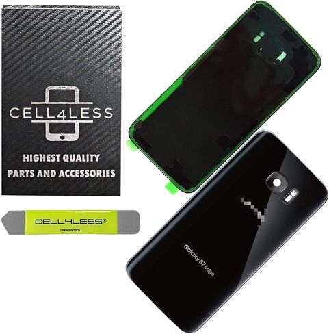 سيل فور ليس غطاء زجاجي خلفي متوافق مع سيل فور ليس مع عدسة كاميرا مثبتة، اداة ازالة ولاصق مثبت مسبقا متوافق مع سامسونج جالاكسي S7 ايدج - جميع الموديلات G935-2 لوجو - (اسود) in Kuwait