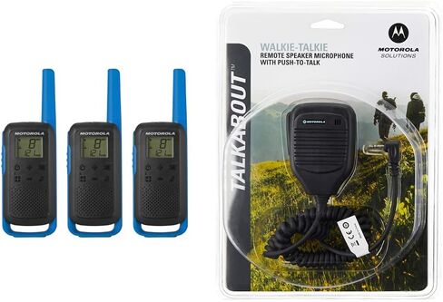 موتورولا سولوشنز، محمول FRS، T270TP، Talkabout، راديو ثنائي الاتجاه، قابل لإعادة الشحن، 22 قناة، 25 ميل، أسود مع أزرق، 3 عبوات in Kuwait