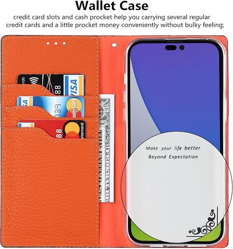 iCoverCase Compatible with iPhone 15 Wallet Case, RFID Blocking Genuine Leather Magnetic Case with Wrist Strap and Card Slots Kickstand Feature Flip Cover Case 6.1 Inch (Orange) in Saudi Arabia