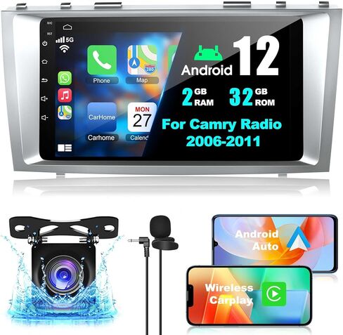 راديو سيارة Android 12 لسيارة Toyota Camry 2006-2011، ستيريو 2G+32G Camry مع Carplay لاسلكي ودعم Android التلقائي بلوتوث/التحكم الصوتي/GPS/WiFi/كاميرا احتياطية/SWC/FM، راديو IPS بشاشة تعمل باللمس 9 بوصة in Kuwait