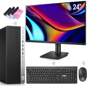 كمبيوتر سطح المكتب HP EliteDesk 800 G3 SFF، سطح مكتب أعمال i7 صغير الحجم، شاشة 24 بوصة FHD، ذاكرة الوصول العشوائي 32 جيجابايت 1 تيرابايت NVMe M.2 SSD + 500 جيجابايت HDD، WiFi، BT، HDMI، DP، DVD، لاسلكي K&M + لوحة ماوس TJJ (متجدد) in Saudi Arabia