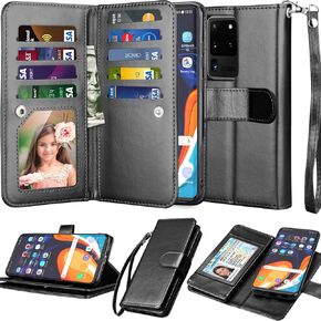 حافظة NJJEX Galaxy S20 Plus، حافظة محفظة لهاتف Samsung Galaxy S20+ S20 Plus (6.7 بوصة، [9 فتحات للبطاقات] حامل بطاقات هوية من جلد البولي يوريثان قابل للطي [قابل للفصل] غطاء هاتف مغناطيسي وحبل [ذهبي وردي]