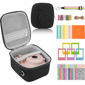 Portable Camera Case Set Compatible with Instax Mini 12/11/9/8 Camera - Package Includes:Camera Case,Photo Decoration Stickers, Color Photo Frame, Colored Shoulder Straps (EVA Black)