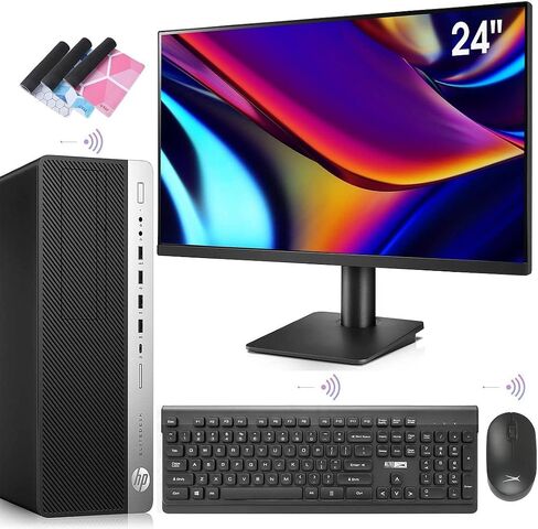 كمبيوتر سطح المكتب HP EliteDesk 800 G3 SFF، سطح مكتب أعمال i7 صغير الحجم، شاشة 24 بوصة FHD، ذاكرة الوصول العشوائي 32 جيجابايت 1 تيرابايت NVMe M.2 SSD + 500 جيجابايت HDD، WiFi، BT، HDMI، DP، DVD، لاسلكي K&M + لوحة ماوس TJJ (متجدد) in Saudi Arabia