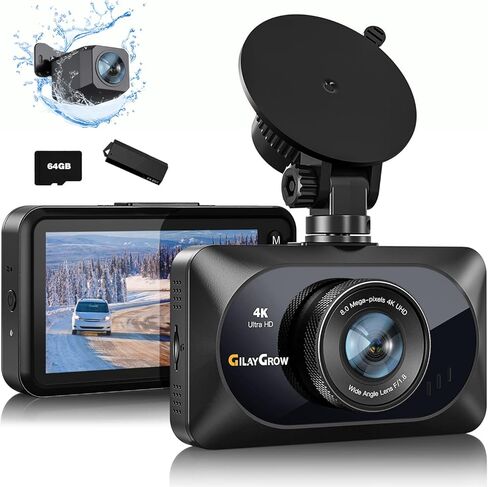4K Dual Dash Cam Front 4K and Rear 2K Car Dash Camera for Cars 64GB Card Included GILAYGROW 3" IPS Dashboard Camera Recorder with Card Reader, Super Night Vision, 170°Wide Angle, Support 256GB Max in Kuwait