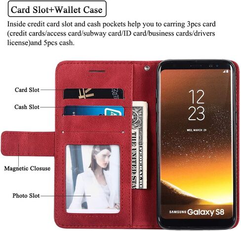 Asuwish متوافق مع حافظة محفظة Samsung Galaxy S8 وواقي شاشة من الزجاج المقوى وغطاء جلدي قابل للطي وحامل بطاقات وحافظات للهاتف الخلوي لهاتف Glaxay S 8 Gaxaly 8S Edge SM-G950U للنساء والرجال باللون الأحمر in Kuwait