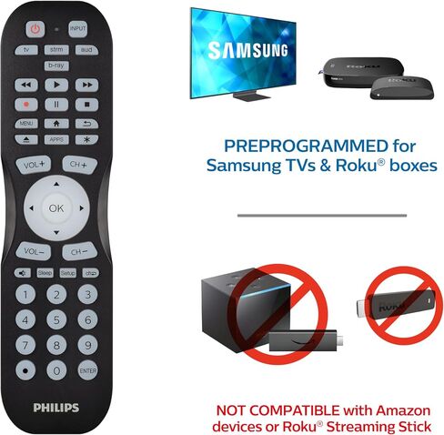 جهاز تحكم عن بعد عالمي من فيليبس مع ميزة Find It وتطبيق الهاتف الذكي لأجهزة Samsung وVizio وSony وSharp وRoku وApple TV وRCA وPanasonic وأجهزة التلفاز الذكية وBlu Ray وDVD و4 أجهزة، أسود، SRP9020B/27 in Saudi Arabia