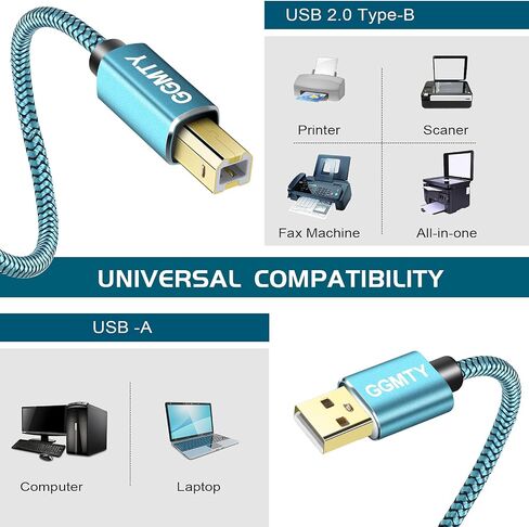 كابل طابعة GGMTY بطول 25 قدم، كابل طابعة USB USB 2.0 نوع A ذكر إلى B ذكر سلك ماسح ضوئي عالي السرعة كابل USB للطابعة متوافق مع HP وCanon وDell وEpson وطابعة Xerox والمزيد in Kuwait