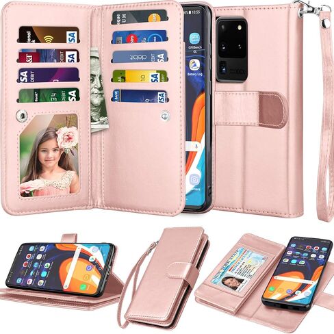 NJJEX Galaxy S20 Plus Case, for Samsung Galaxy S20+ S20 Plus Wallet Case （6.7", [9 Card Slots] PU Leather ID Credit Holder Folio Flip [Detachable] Kickstand Magnetic Phone Cover & Lanyard [Rose Gold] in Kuwait
