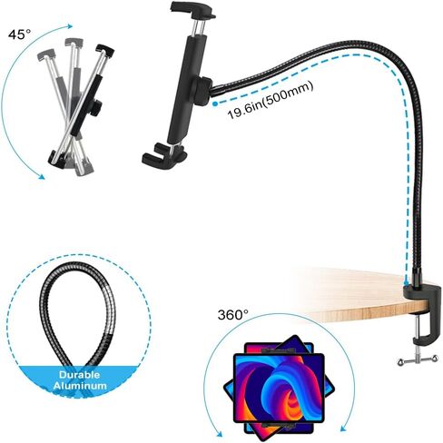 حامل الكمبيوتر اللوحي Charchendo لسرير المكتب يناسب أجهزة 4-13 بوصة، حامل هاتف بمشبك طويل الذراع مع حامل تابلت من الألومنيوم معقوف متوافق مع iPad Pro 12.9/Air/Mini، iPhone، Fire HD، Switch، Galaxy Tab in Kuwait