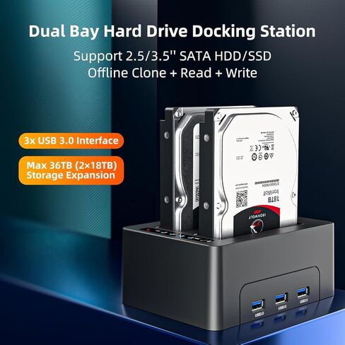 K3082H Dual Bay USB 3.0 SATA Hard Drive Docking Station for 2.5" & 3.5" HDD/SSD with Offline Clone Function & 3 USB 3.0 Hubs - Tool-Free Installation, 18TB Support in Kuwait