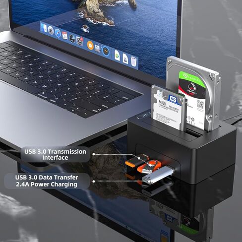 K3082H Dual Bay USB 3.0 SATA Hard Drive Docking Station for 2.5" & 3.5" HDD/SSD with Offline Clone Function & 3 USB 3.0 Hubs - Tool-Free Installation, 18TB Support in Kuwait
