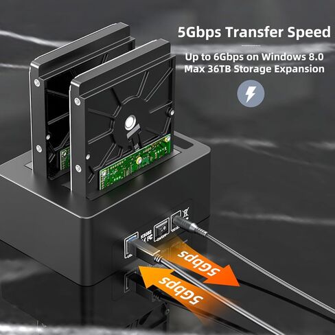 K3082H Dual Bay USB 3.0 SATA Hard Drive Docking Station for 2.5" & 3.5" HDD/SSD with Offline Clone Function & 3 USB 3.0 Hubs - Tool-Free Installation, 18TB Support in Kuwait