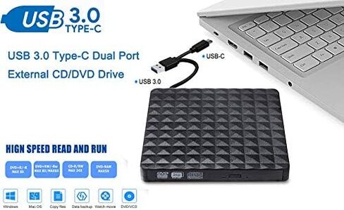 محرك أقراص DVD خارجي، نمط ماسي USB 3.0 مع منفذ من النوع C، مشغل ناسخ محرك الأقراص الضوئية النحيف المحمول وكاتب أقراص CD DVD +/- RW ROM متوافق مع الكمبيوتر المحمول وسطح المكتب MacBook Mac Win7/8/10 Linux in Kuwait