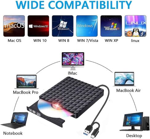 محرك أقراص DVD خارجي، نمط ماسي USB 3.0 مع منفذ من النوع C، مشغل ناسخ محرك الأقراص الضوئية النحيف المحمول وكاتب أقراص CD DVD +/- RW ROM متوافق مع الكمبيوتر المحمول وسطح المكتب MacBook Mac Win7/8/10 Linux in Kuwait
