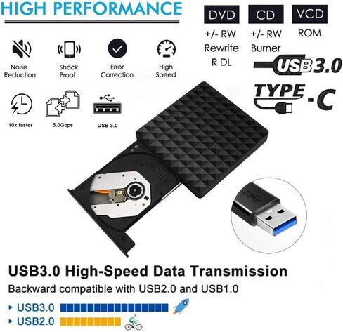محرك أقراص DVD خارجي، نمط ماسي USB 3.0 مع منفذ من النوع C، مشغل ناسخ محرك الأقراص الضوئية النحيف المحمول وكاتب أقراص CD DVD +/- RW ROM متوافق مع الكمبيوتر المحمول وسطح المكتب MacBook Mac Win7/8/10 Linux in Kuwait