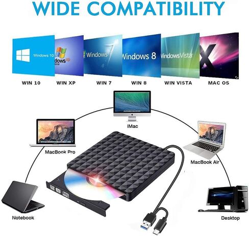 محرك أقراص DVD خارجي، نمط ماسي USB 3.0 مع منفذ من النوع C، مشغل ناسخ محرك الأقراص الضوئية النحيف المحمول وكاتب أقراص CD DVD +/- RW ROM متوافق مع الكمبيوتر المحمول وسطح المكتب MacBook Mac Win7/8/10 Linux in Kuwait