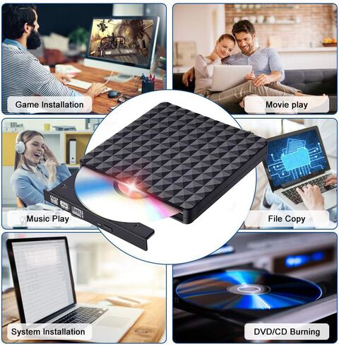 محرك أقراص DVD خارجي، نمط ماسي USB 3.0 مع منفذ من النوع C، مشغل ناسخ محرك الأقراص الضوئية النحيف المحمول وكاتب أقراص CD DVD +/- RW ROM متوافق مع الكمبيوتر المحمول وسطح المكتب MacBook Mac Win7/8/10 Linux in Kuwait
