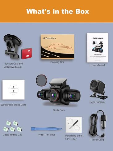 كاميرا PRUVEEO Dash Cam، كاميرا 4 قنوات FHD 1080Px4، أمامي يسار يمين وخلفي، أمامي وخلفي من الداخل، GPS WiFi مدمج، مرشح CPL للعدسة المستقطبة، بطاقة Micro SD مجانية سعة 256 جيجابايت، D904CH-MINI in Kuwait