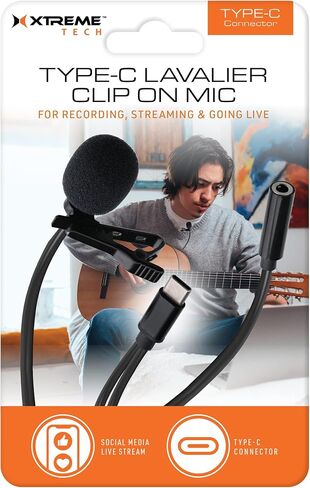 Xtreme Tech Type-C Clip-On Microphone, Built-in Wind Muff, 5ft Cable/Type-C Connector, Plug and Play to Smartphone/Camera in Saudi Arabia