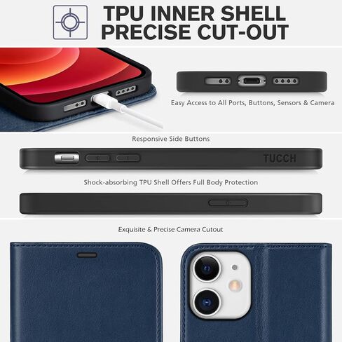 حافظة محفظة TUCCH لهاتف iPhone 12 Mini 5G، حامل فتحة بطاقة RFID [جراب حماية داخلي من مادة TPU مقاوم للصدمات]، غطاء قابل للطي مغناطيسي من جلد البولي يوريثان متوافق مع iPhone 12 Mini 5.4 بوصة، أسود in Kuwait