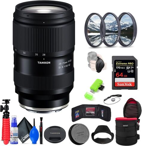 تامرون عدسة 28-75 ملم f/2.8 Di III VXD G2 لسوني E (طراز INTL) مع بطاقة SD اكستريم برو 64GB + مجموعة فلتر 67 ملم + حافظة عدسة 6 انش + محفظة بطاقة ذاكرة + حزام + مجموعة تنظيف in Kuwait