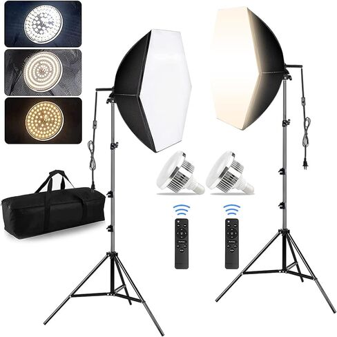 طقم إضاءة التصوير الفوتوغرافي BEIYANG Softbox لإضاءة الاستوديو، صندوق ناعم مستمر احترافي مع قطعتين لمبات E27، طقم صندوق إضاءة ناعم سداسي الشكل مع حقيبة حمل لالتقاط الصور وتسجيل الفيديو in Kuwait