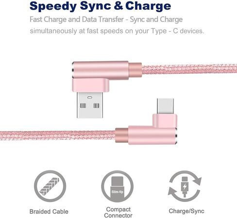 Right Angle USB C Cable, Type C 90 Degree Cable, Braided USB Type C Long Cord Fast Charging Sync Cable for Samsung Galaxy S20 S10 S10E S9 S8 Plus Note 10 9 LG etc. (3Pack 3FT 6FT 10FT) (Silver Grey) in Kuwait