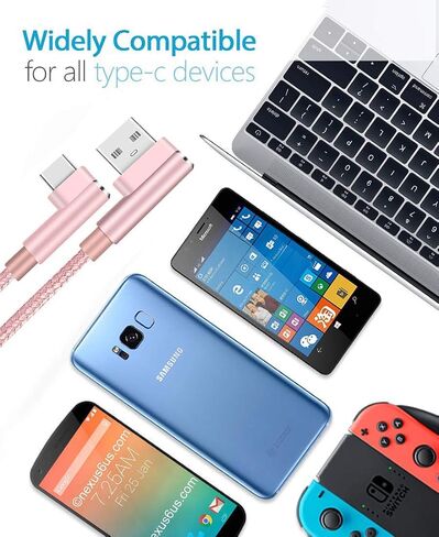 Right Angle USB C Cable, Type C 90 Degree Cable, Braided USB Type C Long Cord Fast Charging Sync Cable for Samsung Galaxy S20 S10 S10E S9 S8 Plus Note 10 9 LG etc. (3Pack 3FT 6FT 10FT) (Silver Grey) in Kuwait