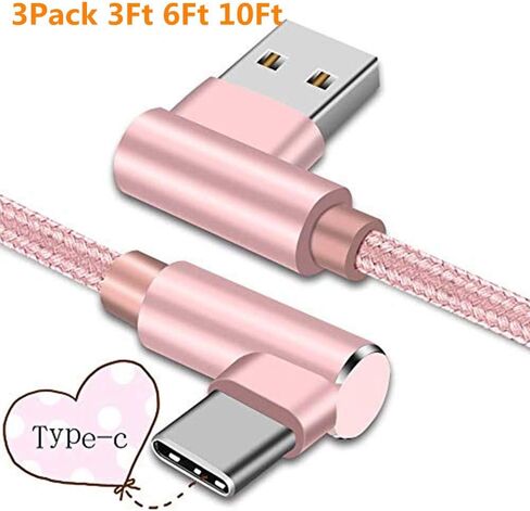 Right Angle USB C Cable, Type C 90 Degree Cable, Braided USB Type C Long Cord Fast Charging Sync Cable for Samsung Galaxy S20 S10 S10E S9 S8 Plus Note 10 9 LG etc. (3Pack 3FT 6FT 10FT) (Silver Grey) in Kuwait