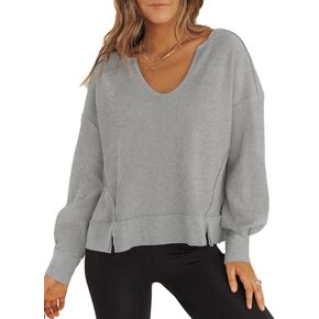 Dokotoo Womens Fall Clothes 2024 Long Sleeve Shirts Waffle Knit Tops Trendy V Neck Casual Pullover Cropped Sweater