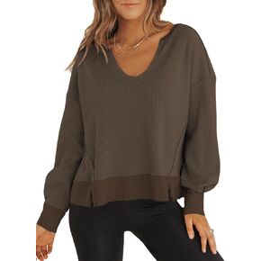 Dokotoo Womens Fall Clothes 2024 Long Sleeve Shirts Waffle Knit Tops Trendy V Neck Casual Pullover Cropped Sweater in Saudi Arabia