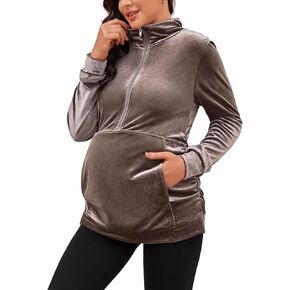 GINKANA قمصان طويلة الأكمام للأمومة نصف سحاب التلبيب سترة الأمومة عادية المخملية الأمومة البلوز القمم مع جيب in Kuwait