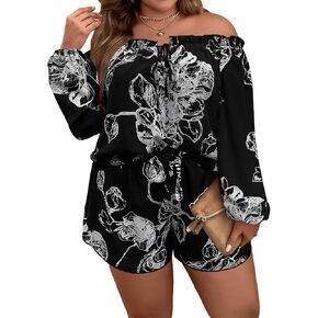 Floerns Women's Plus Size 2 Piece Boho Floral Off Shoulder Frill Trim Drawstring Front Top & Shorts
